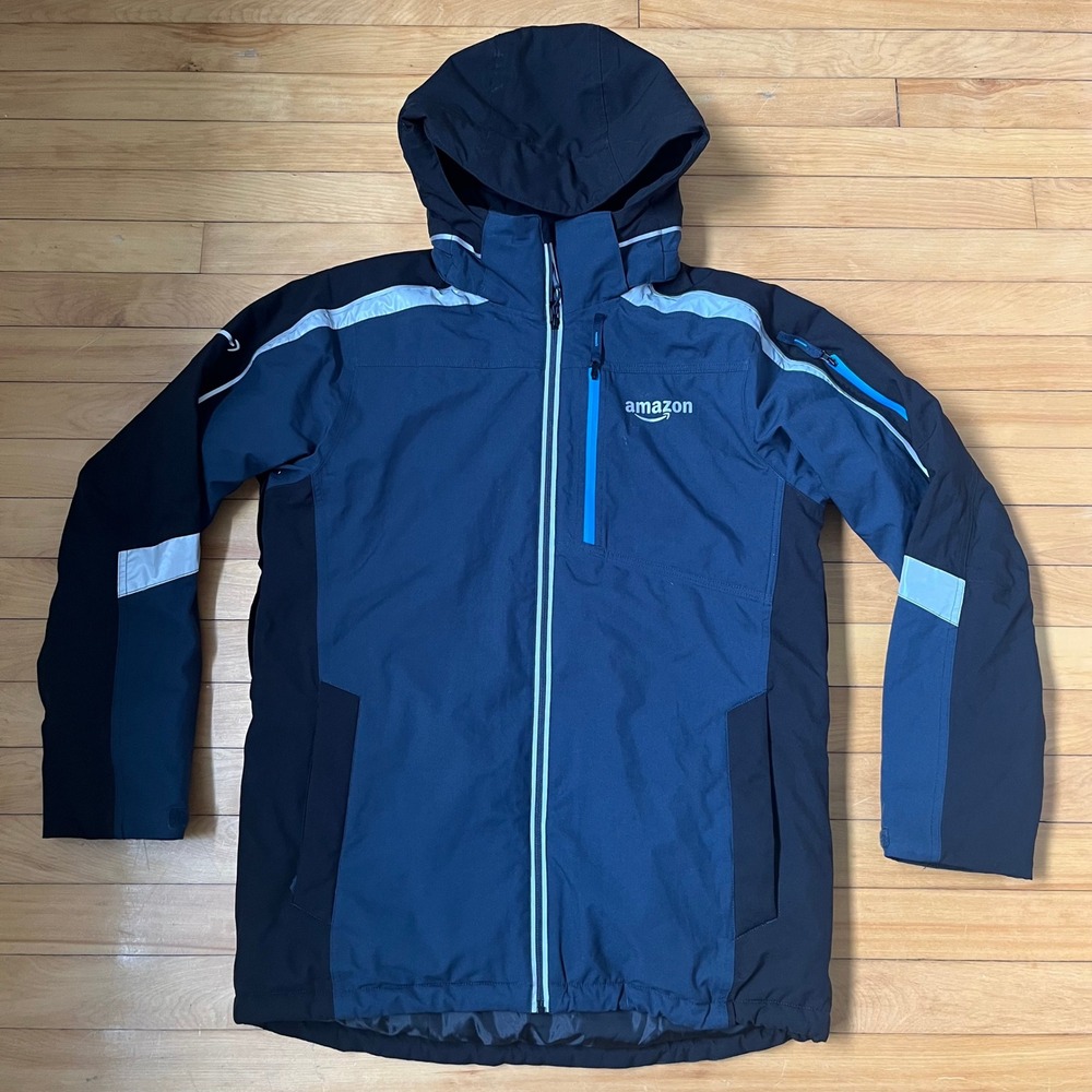 Amazon Employee Hooded Winter Jacket Navy Black Reflective Workwear Mens Large